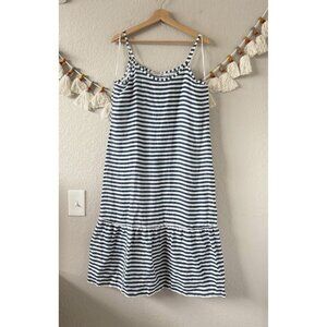 Francesca Bettini Linen Striped Nautical Ruffle Sleeveless Midi Dress Coastal M